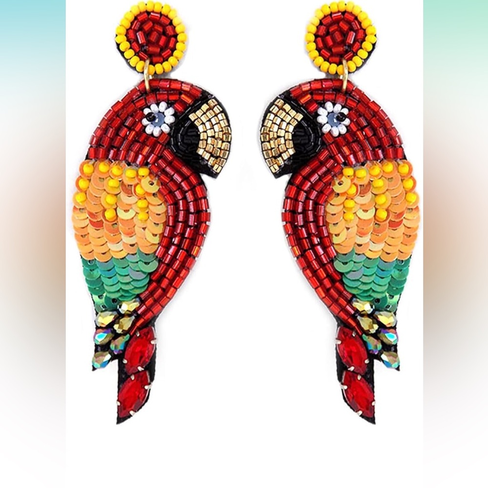 Seed Beaded Parrot Tropical Bird Earrings
